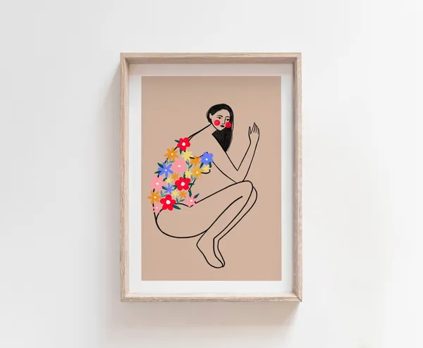 Woman With Floral Swimsuit Art Print, Minimal Decor