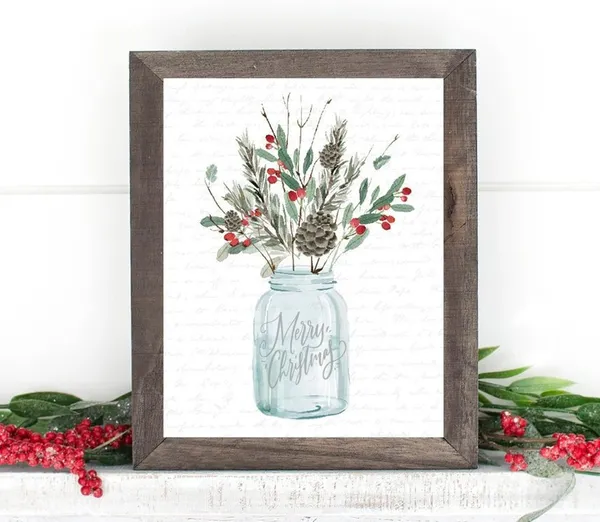 Festive Bouquet in Blue Jar, Modern Farmhouse Art Print