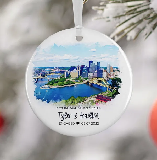 Personalized Pittsburgh Engagement Watercolor Travel Poster