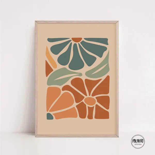 Boho Abstract Flowers Art Print, Warm Tones