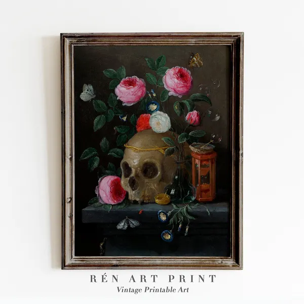 Antique Skull Art Print, Vintage Gothic Still Life