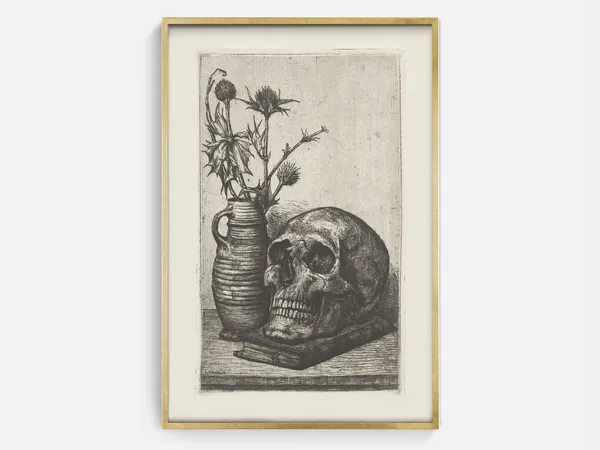 Gothic Skull Still Life Sketch, Wall Art Print