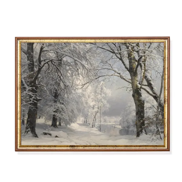 Vintage Winter Landscape Painting, Rustic Scene Art Print