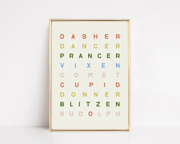 Reindeer Names Boho Christmas Print, Holiday Decor