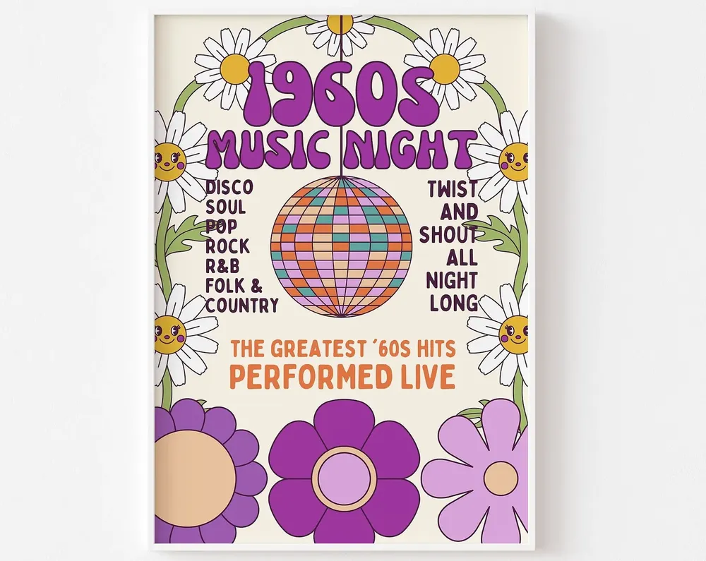 1960s Music Night Disco Ball Retro Flowers Poster