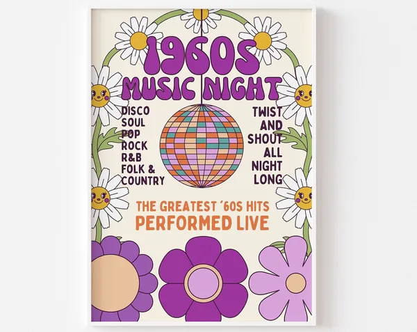 1960s Music Night Disco Ball Retro Flowers Poster
