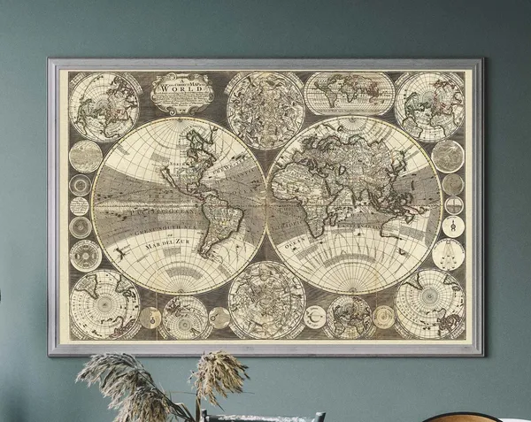 Antique World Map Vintage Travel Poster, Monochrome