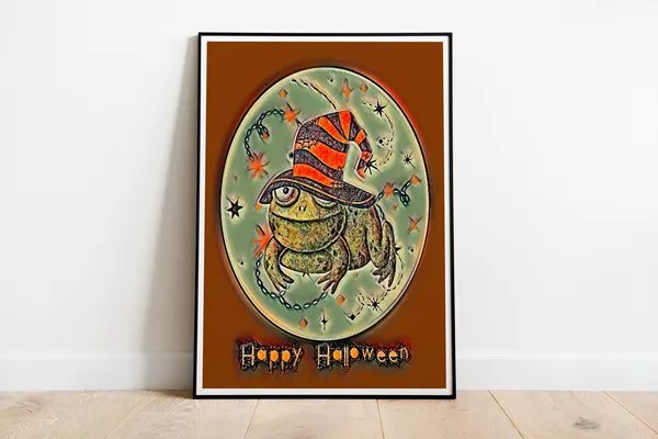 Funny Frog Halloween, Art Deco Vintage Poster
