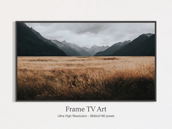 Mountain View With Golden Dry Grass Field, Art Print
