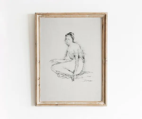 Seated Woman Sketch, Vintage Lithograph Art Print