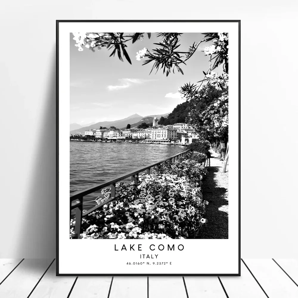 Lake Como Travel Poster, Black and White Art Print