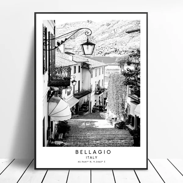 Bellagio Italy Travel Poster, Minimalist Black And White