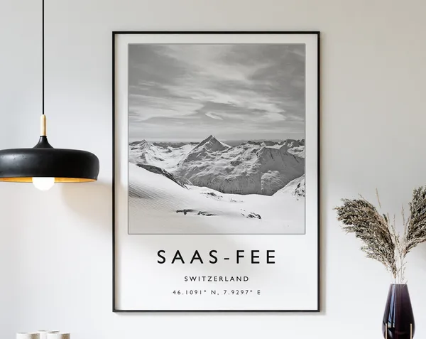 Skiing Travel Poster, Saas Fee Switzerland