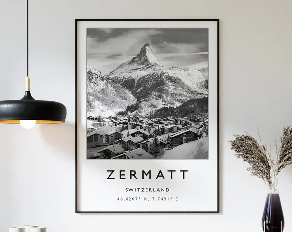 Zermatt Switzerland Skiing Travel Poster, Winter Sport Art