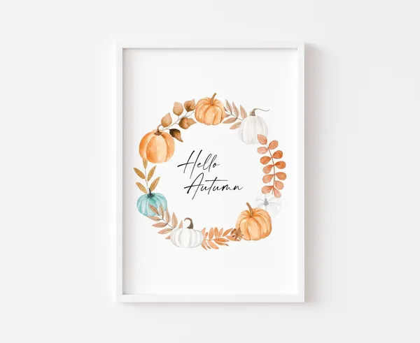 Hello Autumn Wreath Print, Halloween Pumpkin Art