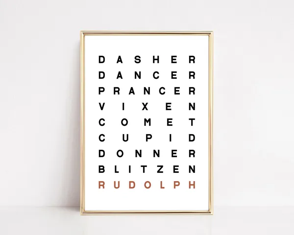 Reindeer Names Print, Scandinavian Christmas Decor