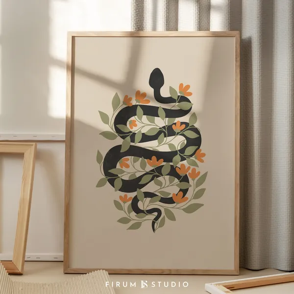 Black Snake Boho Halloween Art Print, Dark Academia