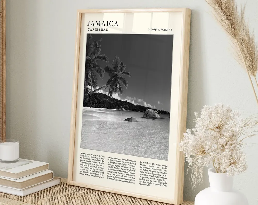 Jamaica Travel Poster, Black and White Caribbean Print