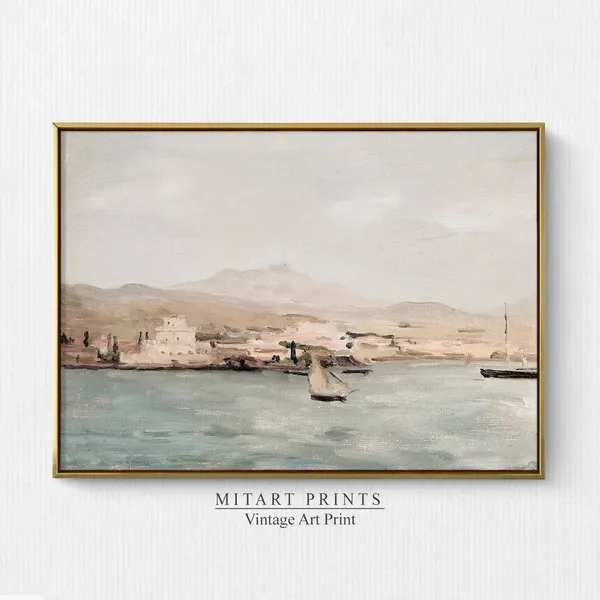 Muted Coastal Seaside Landscape Vintage Art Print