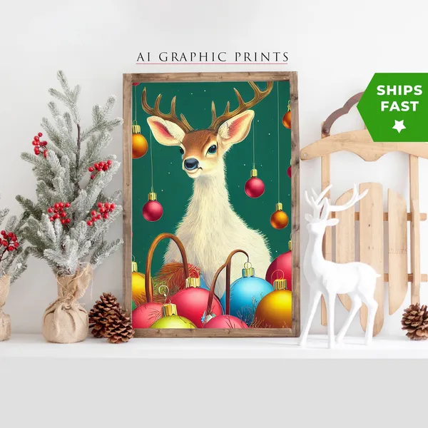 Reindeer Christmas Poster, Cute Retro Holiday Decor