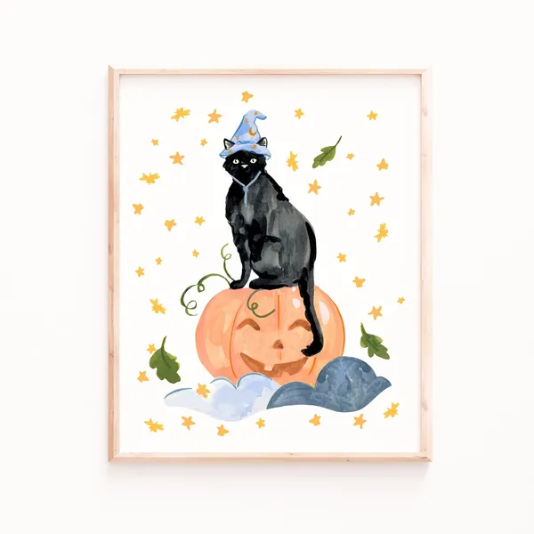 Black Witch Cat Halloween Art Print