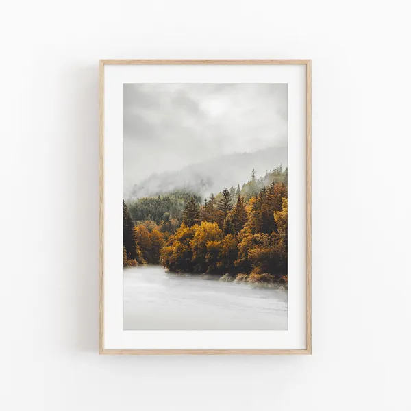Rustic Autumn Forest Art Print, Fog Tree Landscape
