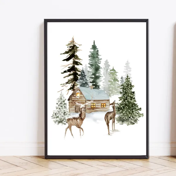 Deer In Snow Christmas Winter Wall Art Print