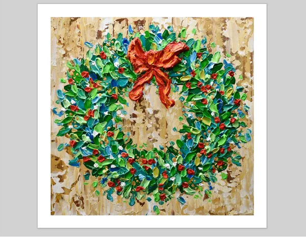 Christmas Wreath Art Print, Holiday Original Painting