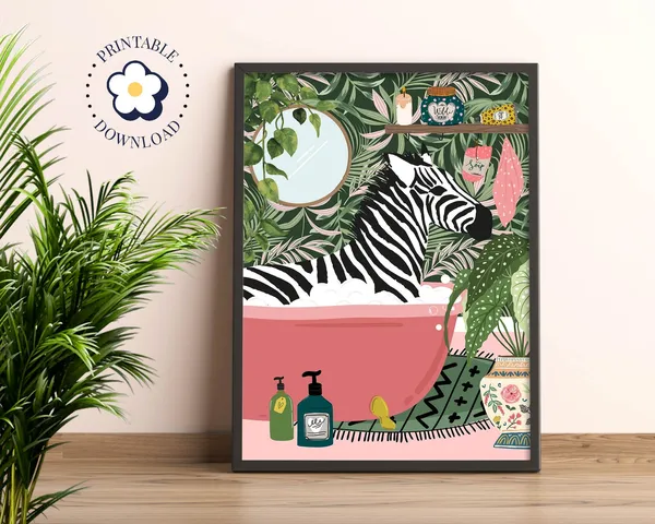 Zebra In Bathtub Tropical Boho Art Print