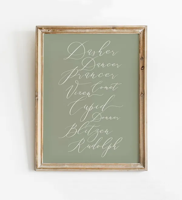 Reindeer Christmas Calligraphy Art Print, Holiday Wall Art