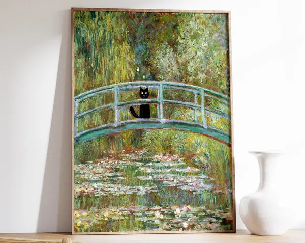 Monet-Inspired Waterlily Cat Poster, Floral Decor