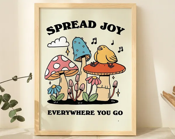 Groovy Mushroom Poster, Retro Cottagecore Nursery