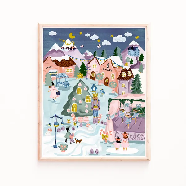 Christmas Village Watercolor Gouache Holiday Art Print