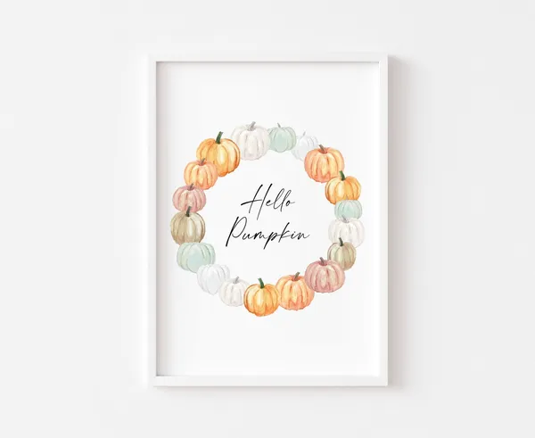 Hello Pumpkin Wreath Art Print, Autumn Decor