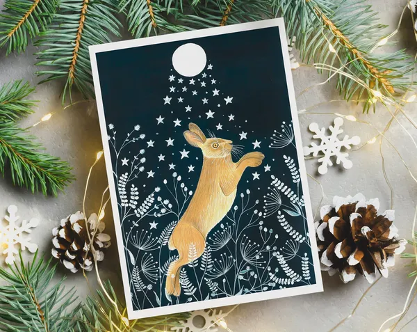 Christmas Cards Pack of 10, Hare Moonlight Holiday Art Print