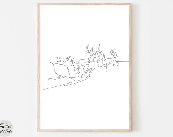 Reindeer With Sleigh Minimalist Christmas Line Art
