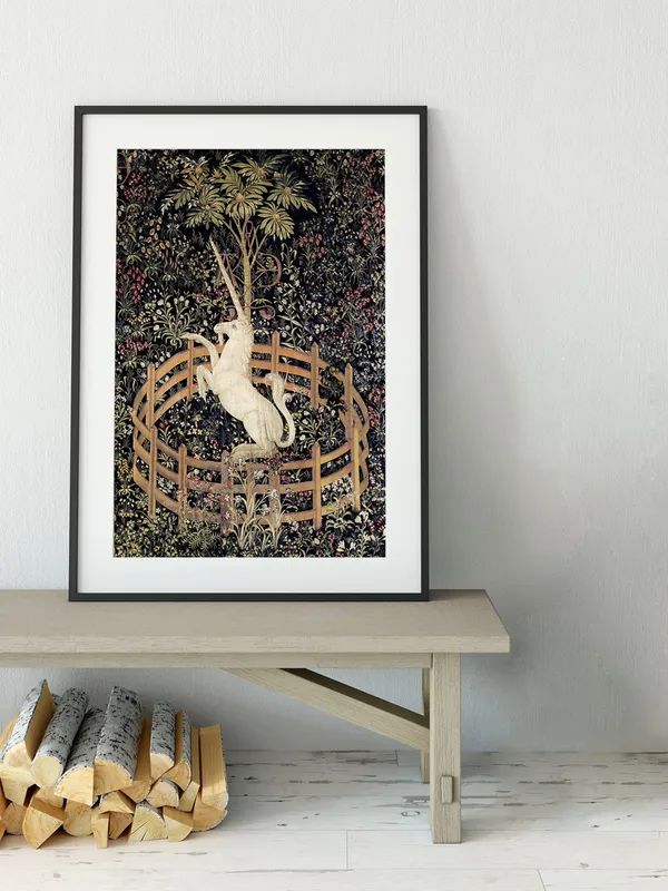 Medieval Unicorn Floral Art Print, Green Background