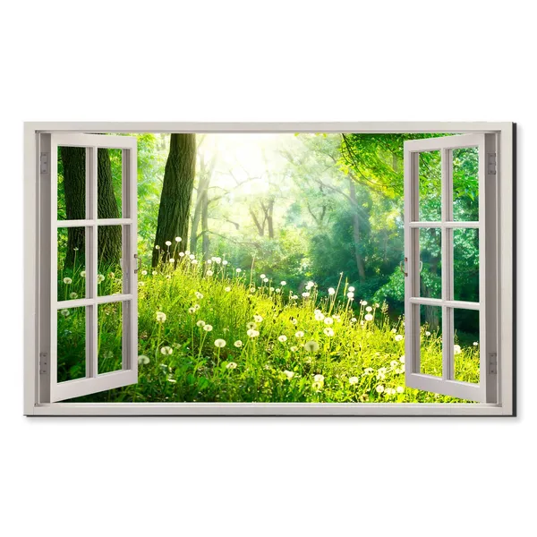 Dandelions and Forest Trees Window View, Modern Art Print