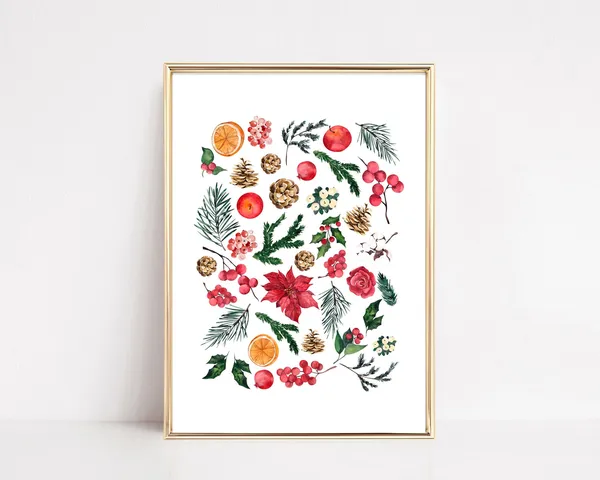 Christmas Botanical Print, Holiday Wall Art Print