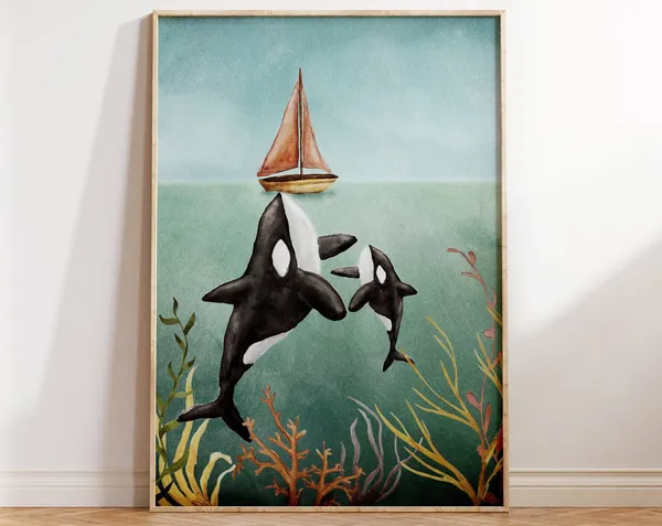 Whale Watercolor Print, Ocean Themed Nursery Art