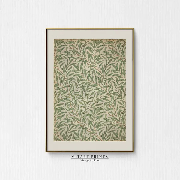 Vintage Green Leaf Pattern Art Print, Neutral Decor