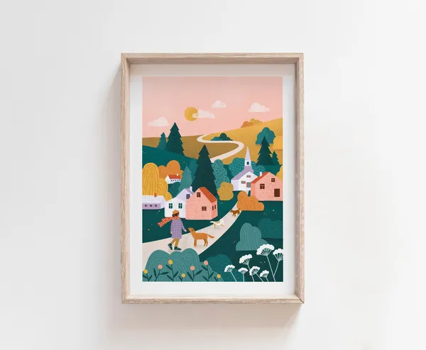 Country Stroll Illustrated Art Print, Autumn Landscape