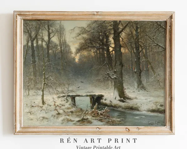 Winter Landscape Painting Print, Moody Vintage Landscape