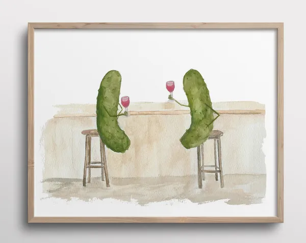 Whimsical Pickles With Mustaches Wine Bar Art Print