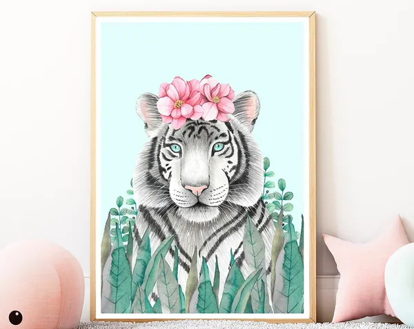White Tiger Safari Animal Art Print, Jungle Nursery Decor