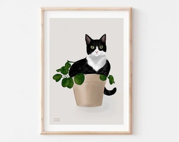 Plant Cat Funny Cat Wall Art Print, Tuxedo Cat