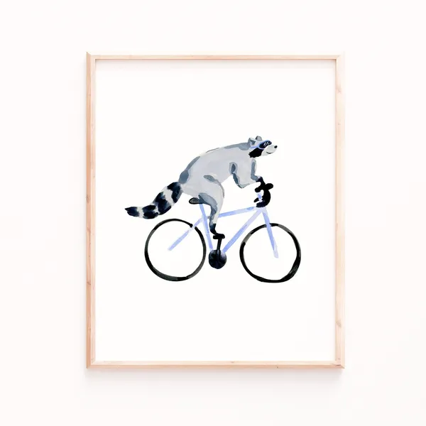 Raccoon Biking Animal Art Print, Funny Wall Art