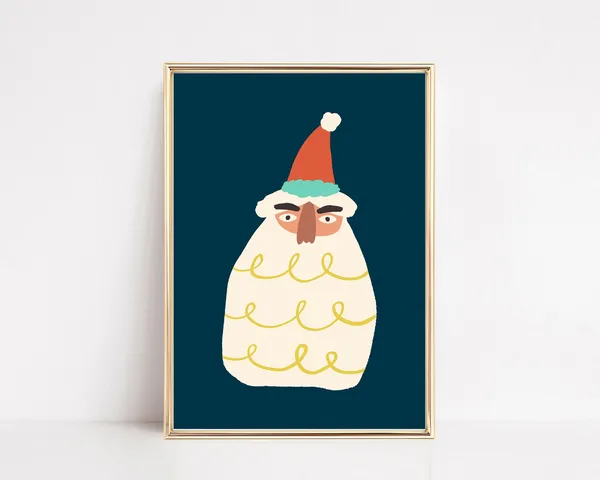 Funny Santa Christmas Print, Blue Holiday Decor
