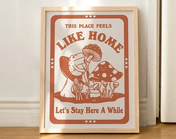 Retro Frog and Mushroom Poster, 70s Style Decor