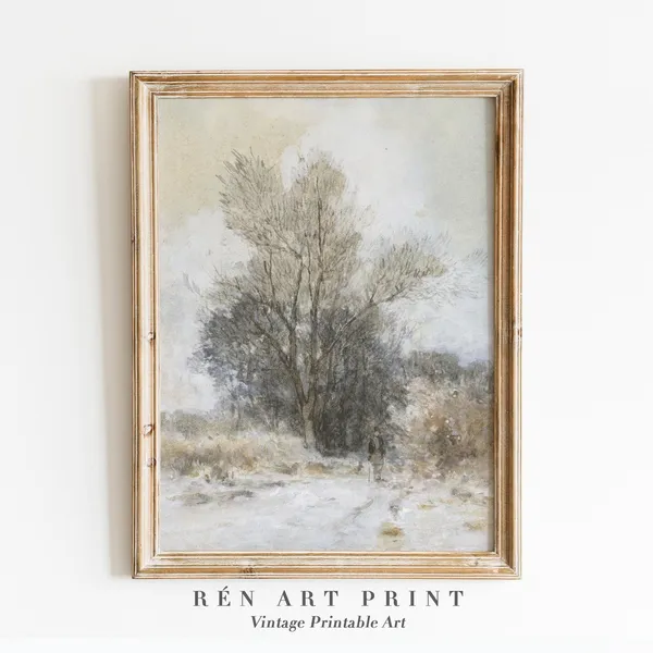 Vintage Winter Landscape Art Print, Neutral Country Scenery